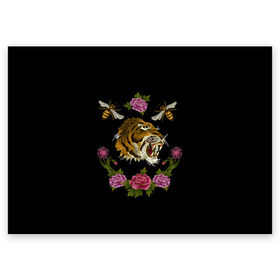 Поздравительная открытка с принтом GG Tiger в Белгороде, 100% бумага | плотность бумаги 280 г/м2, матовая, на обратной стороне линовка и место для марки
 | bee | brand | flower | flowers | gg | ggang | gucci | guccigang | tiger | вышивка | гг | гуччи | пчела | пчелы | тигр | цветок | цветы