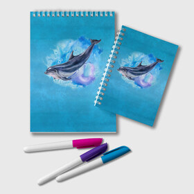 Блокнот с принтом Дельфин в Белгороде, 100% бумага | 48 листов, плотность листов — 60 г/м2, плотность картонной обложки — 250 г/м2. Листы скреплены удобной пружинной спиралью. Цвет линий — светло-серый
 | Тематика изображения на принте: dolphin | акварель | дельфин | море | морские млекопитающие | океан | синий