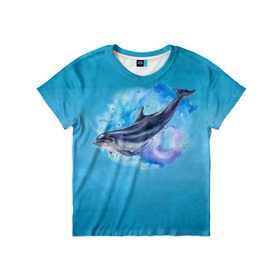 Детская футболка 3D с принтом Дельфин в Белгороде, 100% гипоаллергенный полиэфир | прямой крой, круглый вырез горловины, длина до линии бедер, чуть спущенное плечо, ткань немного тянется | dolphin | акварель | дельфин | море | морские млекопитающие | океан | синий