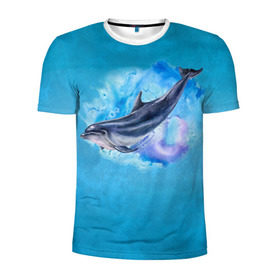 Мужская футболка 3D спортивная с принтом Дельфин в Белгороде, 100% полиэстер с улучшенными характеристиками | приталенный силуэт, круглая горловина, широкие плечи, сужается к линии бедра | dolphin | акварель | дельфин | море | морские млекопитающие | океан | синий
