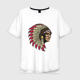 Мужская футболка хлопок Oversize с принтом Индеец в Белгороде, 100% хлопок | свободный крой, круглый ворот, “спинка” длиннее передней части | Тематика изображения на принте: америка | американец | индеец | индейцы | коренной американец | перья | с индейцом | сша | хипстер