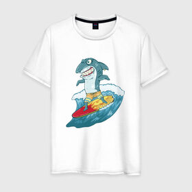Мужская футболка хлопок с принтом Акула Серфер в Белгороде, 100% хлопок | прямой крой, круглый вырез горловины, длина до линии бедер, слегка спущенное плечо. | лето | серфинг | спорт