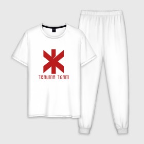Мужская пижама хлопок с принтом TRAUMA TEAM \ CYBERPUNK 2077 в Белгороде, 100% хлопок | брюки и футболка прямого кроя, без карманов, на брюках мягкая резинка на поясе и по низу штанин
 | 2019 | cd project red | cyberpunk 2077 | future | hack | night city | samurai | sci fi | trauma team | андроиды | безумие | будущее | город ночи | киберпанк 2077 | логотип | роботы | самураи | фантастика | цифры
