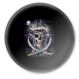 Значок с принтом Череп пирата в Белгороде,  металл | круглая форма, металлическая застежка в виде булавки | пират | скелет | череп | черепа