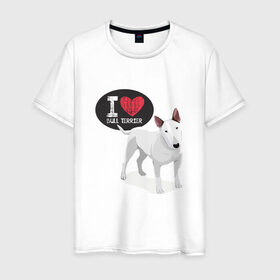Мужская футболка хлопок с принтом Я люблю Бультерьера в Белгороде, 100% хлопок | прямой крой, круглый вырез горловины, длина до линии бедер, слегка спущенное плечо. | bull terrier | буль | буль терьер | бультерьер | с бультерьером | с собакой | собака | собаки | я люблю