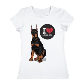 Женская футболка хлопок с принтом Я люблю Добермана в Белгороде, 100% хлопок | прямой крой, круглый вырез горловины, длина до линии бедер, слегка спущенное плечо | доберман | с доберманом | собака | собаки | собачки | я люблю