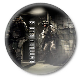 Значок с принтом BATTLEFIELD 3 в Белгороде,  металл | круглая форма, металлическая застежка в виде булавки | battlefield | война | игры | оружия | поле битвы | солдат | спецназ | стратегия | тактика | танки | шутер