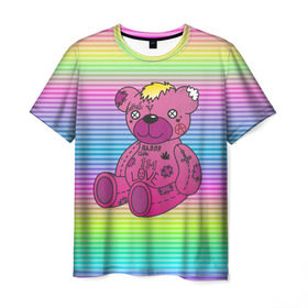 Мужская футболка 3D с принтом Мишка Lil Peep в Белгороде, 100% полиэфир | прямой крой, круглый вырез горловины, длина до линии бедер | gbc | hip hop | lil peep | love | pink | rap | лил пип | лилпип | медведь | медвежонок | мишка | реп | розовый | рэп | тату | трэп | хип хоп | эмо