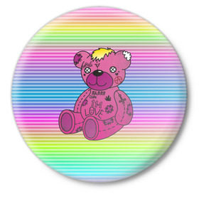 Значок с принтом Мишка Lil Peep в Белгороде,  металл | круглая форма, металлическая застежка в виде булавки | gbc | hip hop | lil peep | love | pink | rap | лил пип | лилпип | медведь | медвежонок | мишка | реп | розовый | рэп | тату | трэп | хип хоп | эмо