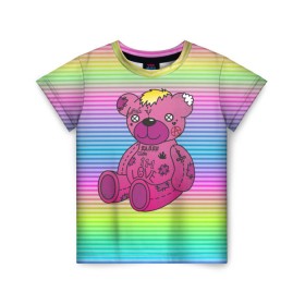Детская футболка 3D с принтом Мишка Lil Peep в Белгороде, 100% гипоаллергенный полиэфир | прямой крой, круглый вырез горловины, длина до линии бедер, чуть спущенное плечо, ткань немного тянется | gbc | hip hop | lil peep | love | pink | rap | лил пип | лилпип | медведь | медвежонок | мишка | реп | розовый | рэп | тату | трэп | хип хоп | эмо