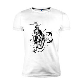 Мужская футболка премиум с принтом JAZZ в Белгороде, 92% хлопок, 8% лайкра | приталенный силуэт, круглый вырез ворота, длина до линии бедра, короткий рукав | Тематика изображения на принте: саксофон | саксофонист