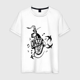 Мужская футболка хлопок с принтом JAZZ в Белгороде, 100% хлопок | прямой крой, круглый вырез горловины, длина до линии бедер, слегка спущенное плечо. | саксофон | саксофонист
