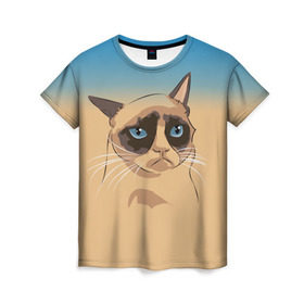 Женская футболка 3D с принтом Grumpy cat ART в Белгороде, 100% полиэфир ( синтетическое хлопкоподобное полотно) | прямой крой, круглый вырез горловины, длина до линии бедер | cat | grumpy | грустный кот | киса | кот | котэ | котяра | кошка | мем | сердитый кот
