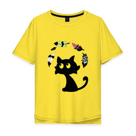 Мужская футболка хлопок Oversize с принтом Котик и перья в Белгороде, 100% хлопок | свободный крой, круглый ворот, “спинка” длиннее передней части | Тематика изображения на принте: воздушный | девушкам. детям | животное | забавный | кот | котейка | котёнок | котик | кошка | летать | милый | перо | пёрышко | чёрный кот