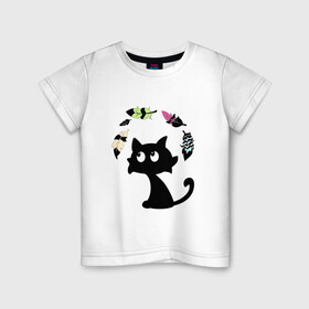 Детская футболка хлопок с принтом Котик и перья в Белгороде, 100% хлопок | круглый вырез горловины, полуприлегающий силуэт, длина до линии бедер | воздушный | девушкам. детям | животное | забавный | кот | котейка | котёнок | котик | кошка | летать | милый | перо | пёрышко | чёрный кот