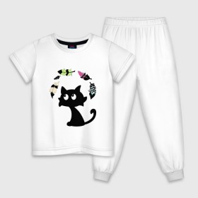 Детская пижама хлопок с принтом Котик и перья в Белгороде, 100% хлопок |  брюки и футболка прямого кроя, без карманов, на брюках мягкая резинка на поясе и по низу штанин
 | воздушный | девушкам. детям | животное | забавный | кот | котейка | котёнок | котик | кошка | летать | милый | перо | пёрышко | чёрный кот