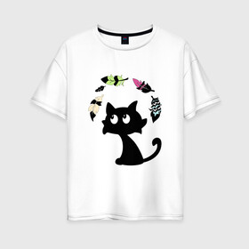 Женская футболка хлопок Oversize с принтом Котик и перья в Белгороде, 100% хлопок | свободный крой, круглый ворот, спущенный рукав, длина до линии бедер
 | воздушный | девушкам. детям | животное | забавный | кот | котейка | котёнок | котик | кошка | летать | милый | перо | пёрышко | чёрный кот