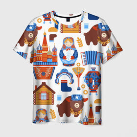 Мужская футболка 3D с принтом Традиционный поп арт в Белгороде, 100% полиэфир | прямой крой, круглый вырез горловины, длина до линии бедер | pop art | style | балалайка | матрешка | медведь | поп арт | яркие | яркое