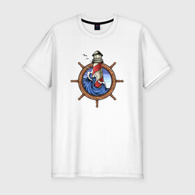 Мужская футболка премиум с принтом Маяк в Белгороде, 92% хлопок, 8% лайкра | приталенный силуэт, круглый вырез ворота, длина до линии бедра, короткий рукав | капитан | летние | летняя | лето | маяк | море | морские | моряк | океан | руль