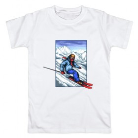 Мужская футболка хлопок с принтом Лыжный Спорт в Белгороде, 100% хлопок | прямой крой, круглый вырез горловины, длина до линии бедер, слегка спущенное плечо. | гора | горнолыжные | горнолыжный | горы | лыжи | на лыжах | с лыжами | спорт | спуск | спуск с горы