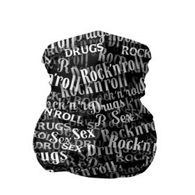 Бандана-труба 3D с принтом Sex, Drugs & Rock`n`Roll в Белгороде, 100% полиэстер, ткань с особыми свойствами — Activecool | плотность 150‒180 г/м2; хорошо тянется, но сохраняет форму | Тематика изображения на принте: jack daniel’s | белый | паттерн | рок | рок н ролл | рокнролл | текст | черный
