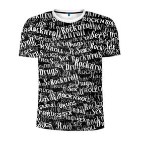 Мужская футболка 3D спортивная с принтом Sex, Drugs & Rock`n`Roll в Белгороде, 100% полиэстер с улучшенными характеристиками | приталенный силуэт, круглая горловина, широкие плечи, сужается к линии бедра | jack daniel’s | белый | паттерн | рок | рок н ролл | рокнролл | текст | черный