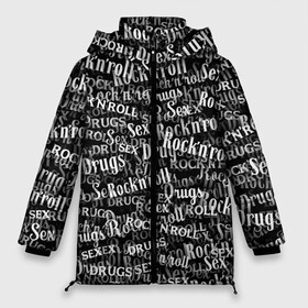 Женская зимняя куртка 3D с принтом Sex Drugs & RocknRoll в Белгороде, верх — 100% полиэстер; подкладка — 100% полиэстер; утеплитель — 100% полиэстер | длина ниже бедра, силуэт Оверсайз. Есть воротник-стойка, отстегивающийся капюшон и ветрозащитная планка. 

Боковые карманы с листочкой на кнопках и внутренний карман на молнии | jack daniel’s | белый | паттерн | рок | рок н ролл | рокнролл | текст | черный