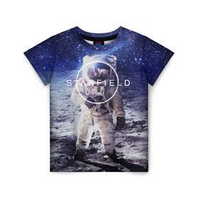 Детская футболка 3D с принтом STARFIELD в Белгороде, 100% гипоаллергенный полиэфир | прямой крой, круглый вырез горловины, длина до линии бедер, чуть спущенное плечо, ткань немного тянется | 2019 | 2020 | bethesda | logo | space | starfield | звезды | игра | космонавт | космос | логотип | старфиелд
