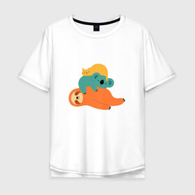 Мужская футболка хлопок Oversize с принтом Лень в Белгороде, 100% хлопок | свободный крой, круглый ворот, “спинка” длиннее передней части | животные | коала | кот | ленивец | отдых | сон