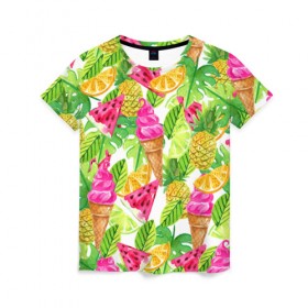 Женская футболка 3D с принтом Летнее настроение в Белгороде, 100% полиэфир ( синтетическое хлопкоподобное полотно) | прямой крой, круглый вырез горловины, длина до линии бедер | summer | зелень | листья | море | пляж | тропики | фруткты | цветы