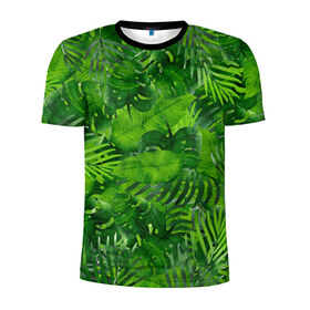 Мужская футболка 3D спортивная с принтом Тропики в Белгороде, 100% полиэстер с улучшенными характеристиками | приталенный силуэт, круглая горловина, широкие плечи, сужается к линии бедра | джунгли | зелень | лес | листья | тропики