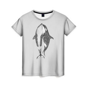 Женская футболка 3D с принтом Киты в Белгороде, 100% полиэфир ( синтетическое хлопкоподобное полотно) | прямой крой, круглый вырез горловины, длина до линии бедер | арт | касатка | касатки | кит | море | океан | рисунок | узор