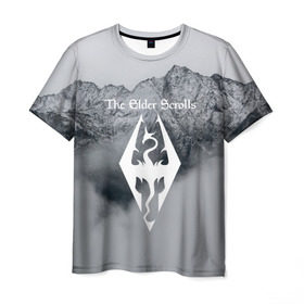 Мужская футболка 3D с принтом TES V SKYRIM в Белгороде, 100% полиэфир | прямой крой, круглый вырез горловины, длина до линии бедер | dragon | mountain | skyrim | tes | tes 5 | the elder scrolls | горы | дракон | логотип | эмблема