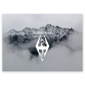 Поздравительная открытка с принтом TES V SKYRIM в Белгороде, 100% бумага | плотность бумаги 280 г/м2, матовая, на обратной стороне линовка и место для марки
 | Тематика изображения на принте: dragon | mountain | skyrim | tes | tes 5 | the elder scrolls | горы | дракон | логотип | эмблема