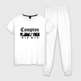 Женская пижама хлопок с принтом Compton hip-hop в Белгороде, 100% хлопок | брюки и футболка прямого кроя, без карманов, на брюках мягкая резинка на поясе и по низу штанин | 2pac | 2pak | 2пак | biggie smalls | makaveli | shakur | the notorious b.i.g. | thug life | tupac | амару | биги смолс | ганста | гето | гетто | жизнь головореза | крутой | макавели | надпись | ниггер | ноториус биг | реп | репер | рэп | рэпер