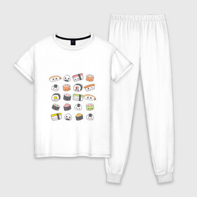 Женская пижама хлопок с принтом Sushi в Белгороде, 100% хлопок | брюки и футболка прямого кроя, без карманов, на брюках мягкая резинка на поясе и по низу штанин | anime | fastfood | food | japan | roll | sushi | susi | аниме | роллы | суши | фастфуд | япония