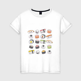 Женская футболка хлопок с принтом Sushi в Белгороде, 100% хлопок | прямой крой, круглый вырез горловины, длина до линии бедер, слегка спущенное плечо | anime | fastfood | food | japan | roll | sushi | susi | аниме | роллы | суши | фастфуд | япония