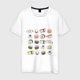Мужская футболка хлопок с принтом Sushi в Белгороде, 100% хлопок | прямой крой, круглый вырез горловины, длина до линии бедер, слегка спущенное плечо. | anime | fastfood | food | japan | roll | sushi | susi | аниме | роллы | суши | фастфуд | япония