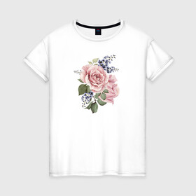 Женская футболка хлопок с принтом Розы в Белгороде, 100% хлопок | прямой крой, круглый вырез горловины, длина до линии бедер, слегка спущенное плечо | акварель | роза | розовые | цветы