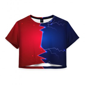 Женская футболка 3D укороченная с принтом Battle color в Белгороде, 100% полиэстер | круглая горловина, длина футболки до линии талии, рукава с отворотами | Тематика изображения на принте: blue | lightning | lines | red | красный | линии | молния | половины | противостояние | синий