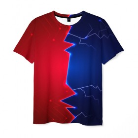 Мужская футболка 3D с принтом Battle color в Белгороде, 100% полиэфир | прямой крой, круглый вырез горловины, длина до линии бедер | blue | lightning | lines | red | красный | линии | молния | половины | противостояние | синий