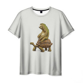 Мужская футболка 3D с принтом Ленивец и Черепаха в Белгороде, 100% полиэфир | прямой крой, круглый вырез горловины, длина до линии бедер | быстрый | медленный | понедельник | работа | юмор