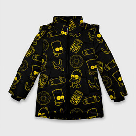 Зимняя куртка для девочек 3D с принтом Барт и Гомер в Белгороде, ткань верха — 100% полиэстер; подклад — 100% полиэстер, утеплитель — 100% полиэстер. | длина ниже бедра, удлиненная спинка, воротник стойка и отстегивающийся капюшон. Есть боковые карманы с листочкой на кнопках, утяжки по низу изделия и внутренний карман на молнии. 

Предусмотрены светоотражающий принт на спинке, радужный светоотражающий элемент на пуллере молнии и на резинке для утяжки. | duff | simpsons |  bart |  homer  | барт | гомер | дафф | доска | коллаж | пончик | рогатка | симпсоны | скейт | скейты