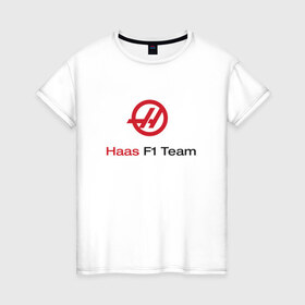 Женская футболка хлопок с принтом haas в Белгороде, 100% хлопок | прямой крой, круглый вырез горловины, длина до линии бедер, слегка спущенное плечо | Тематика изображения на принте: f 1 | formula 1 | haas | ф 1 | формула 1 | хаас