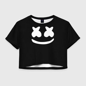 Женская футболка 3D укороченная с принтом Marshmello black в Белгороде, 100% полиэстер | круглая горловина, длина футболки до линии талии, рукава с отворотами | dj | dj marshmello | marshmello | клуб | клубная музыка | музыка