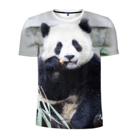 Мужская футболка 3D спортивная с принтом Большая панда в Белгороде, 100% полиэстер с улучшенными характеристиками | приталенный силуэт, круглая горловина, широкие плечи, сужается к линии бедра | Тематика изображения на принте: бамбук | белый | джунгли | дикое | животное | китай | лес | медведь | черный