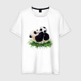 Мужская футболка хлопок с принтом Милая панда в Белгороде, 100% хлопок | прямой крой, круглый вырез горловины, длина до линии бедер, слегка спущенное плечо. | мяч | футбол
