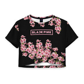 Женская футболка Cropp-top с принтом BlackPink sakura в Белгороде, 100% полиэстер | круглая горловина, длина футболки до линии талии, рукава с отворотами | black  pink | blackpink | jennie | jisoo | k pop | lalisa | sakura | группа | к поп | корейская группа | розовый | сакура | черный