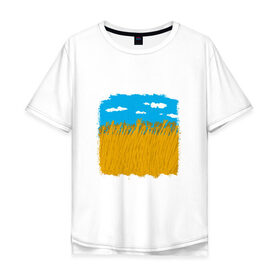 Мужская футболка хлопок Oversize с принтом Украина в колосьях в Белгороде, 100% хлопок | свободный крой, круглый ворот, “спинка” длиннее передней части | жёлтый | колосья | небо | облака | пиксельный | поле | синий
