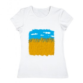 Женская футболка хлопок с принтом Украина в колосьях в Белгороде, 100% хлопок | прямой крой, круглый вырез горловины, длина до линии бедер, слегка спущенное плечо | жёлтый | колосья | небо | облака | пиксельный | поле | синий